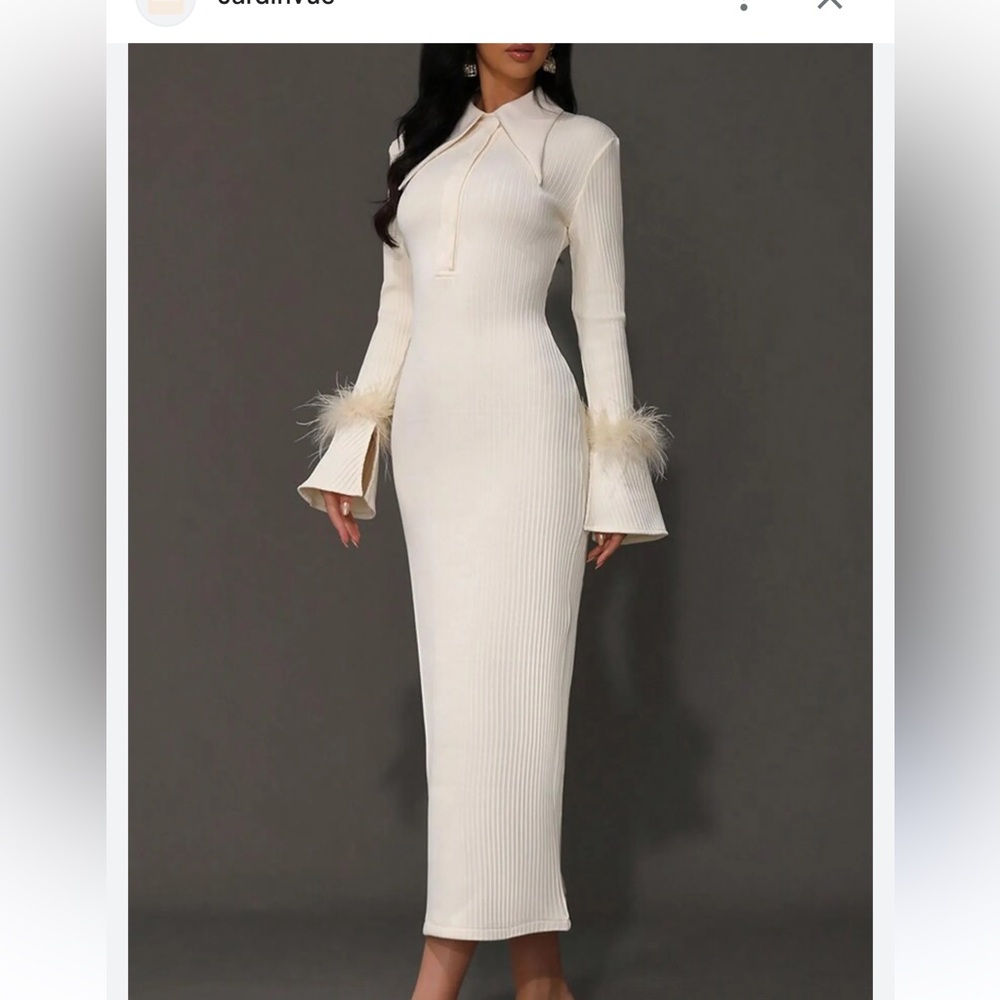 Elegant Cream Midi Dress with Feather Cuffs